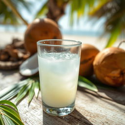 A close-up of a clear glass filled with refreshing coconut water, placed on a rustic wooden table