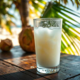 A close-up of a clear glass filled with refreshing coconut water, placed on a rustic wooden table
