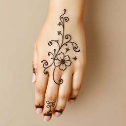 A simple yet elegant mehndi (henna) design on the back of a woman's hand