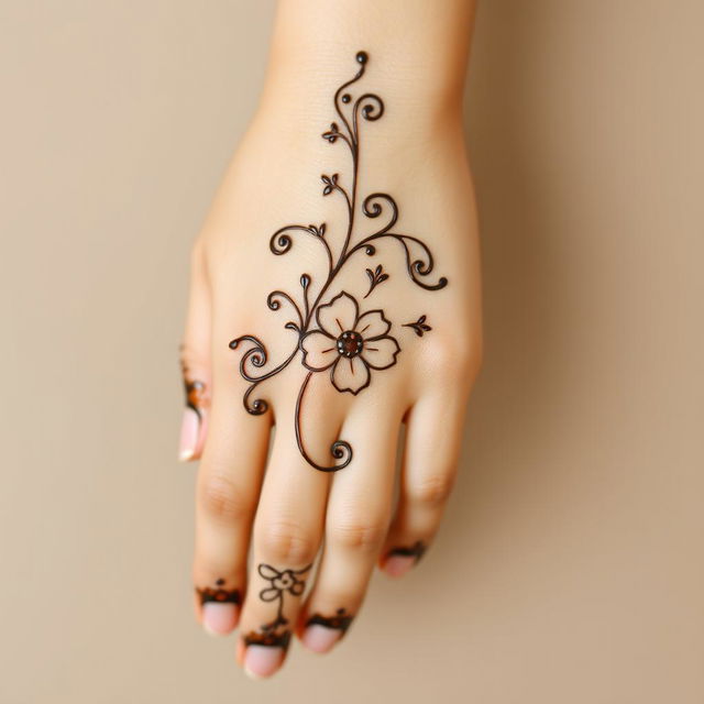 A simple yet elegant mehndi (henna) design on the back of a woman's hand