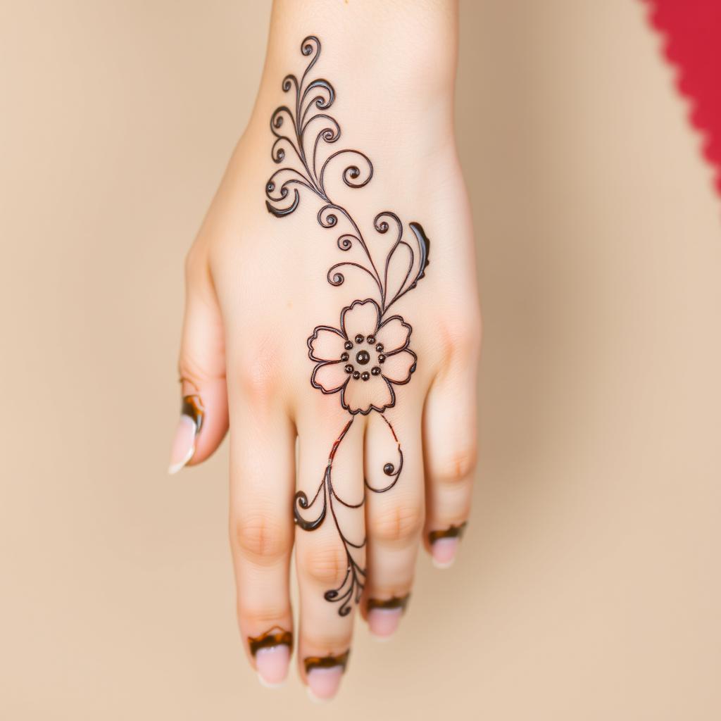 A simple yet elegant mehndi (henna) design on the back of a woman's hand