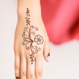 A simple yet elegant mehndi (henna) design on the back of a woman's hand