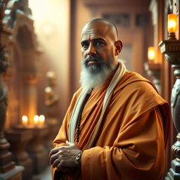 A serene portrait of a Hindu priest, thoughtfully adorned in traditional garments, standing in a peaceful temple setting