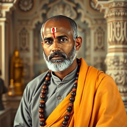 A serene portrait of a Hindu priest, thoughtfully adorned in traditional garments, standing in a peaceful temple setting