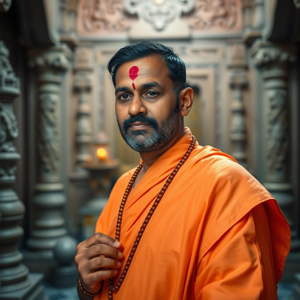 A serene portrait of a Hindu priest, thoughtfully adorned in traditional garments, standing in a peaceful temple setting