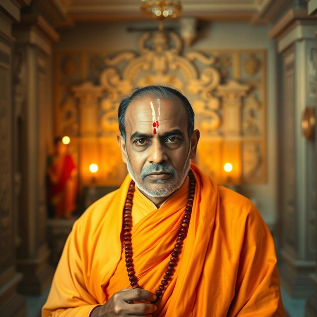 A serene portrait of a Hindu priest, thoughtfully adorned in traditional garments, standing in a peaceful temple setting