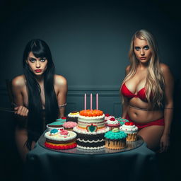 A dimly lit room with two women tied to separate chairs against the back wall