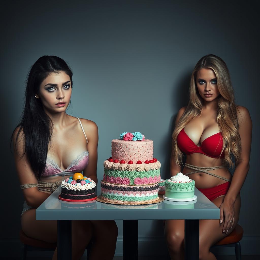 A dimly lit room with two women tied to separate chairs against the back wall