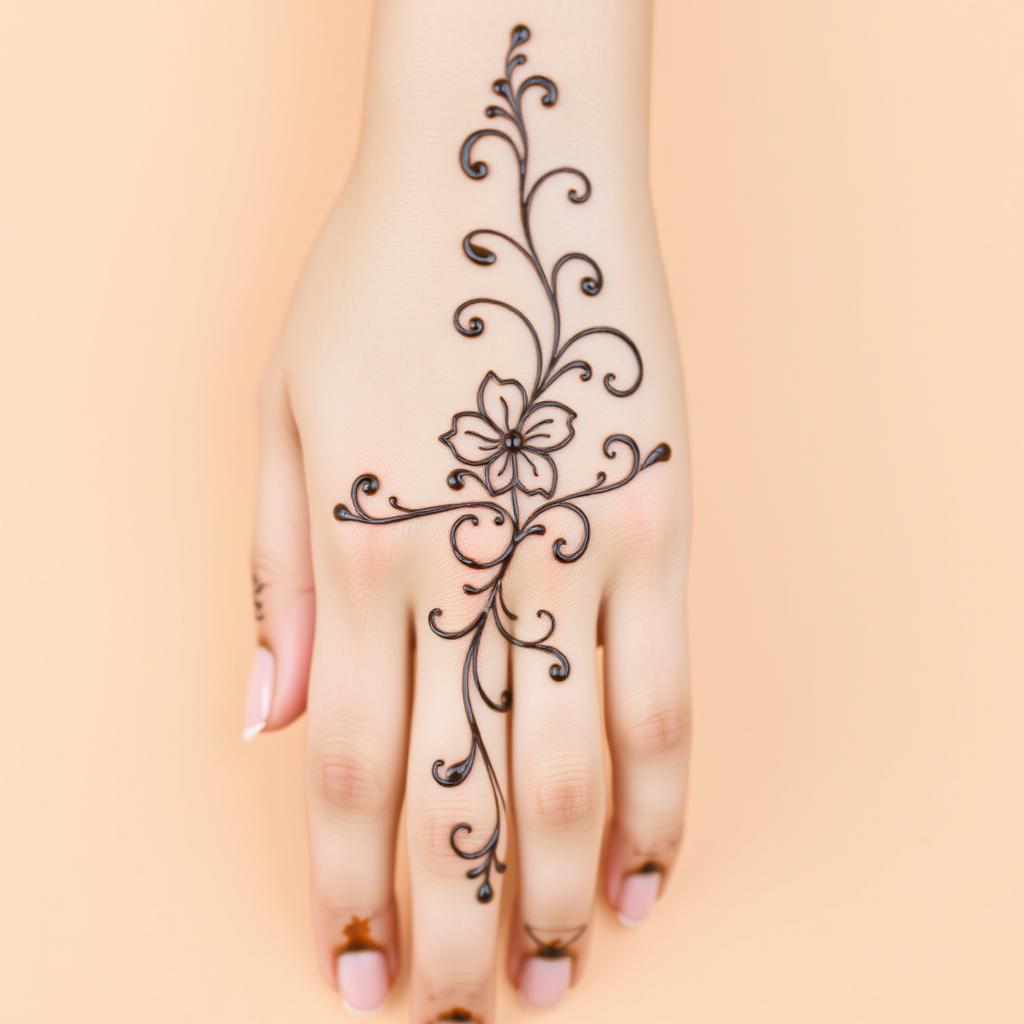 A simple yet elegant mehndi (henna) design on the back of a woman's hand