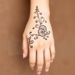A simple yet elegant mehndi (henna) design on the back of a woman's hand