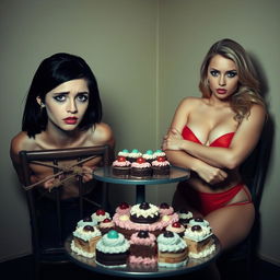 In a dimly lit room, two young women are tied to separate chairs against the back wall