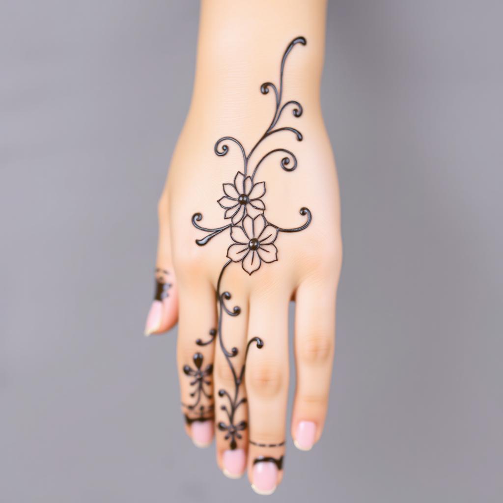 A beautiful and elegant mehndi (henna) design on the back of a woman's hand