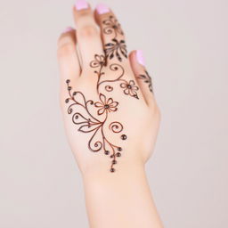 A beautiful and elegant mehndi (henna) design on the back of a woman's hand