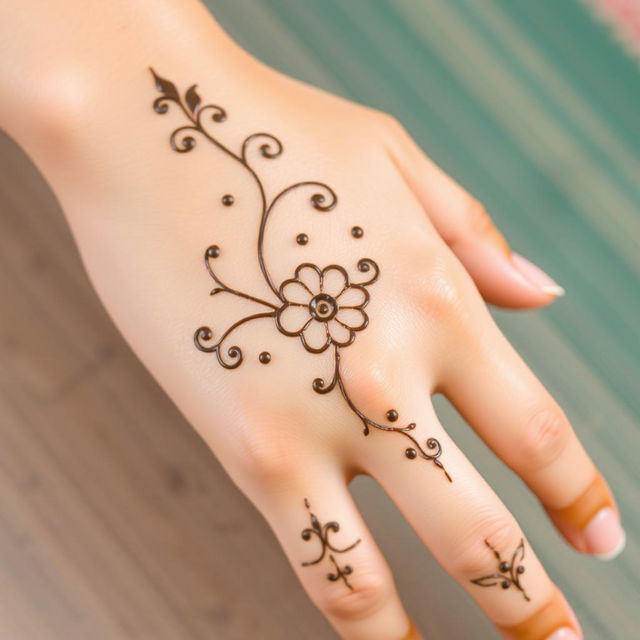 A beautiful and elegant mehndi (henna) design on the back of a woman's hand