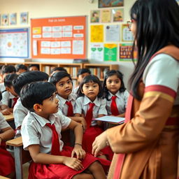 A lively classroom scene where a school girl with long black hair is animatedly telling a story to her classmates