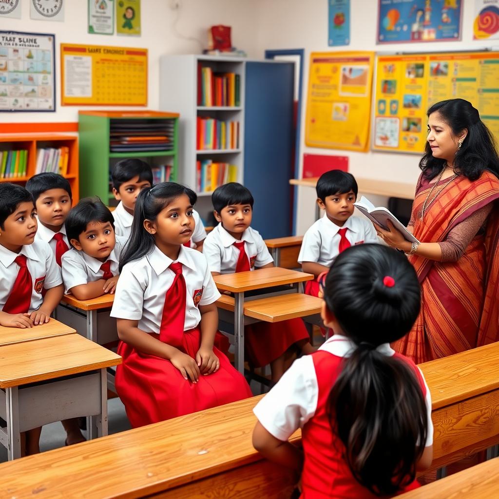 A lively classroom scene where a school girl with long black hair is animatedly telling a story to her classmates