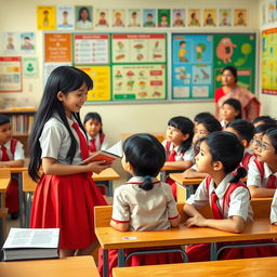 A lively classroom scene where a school girl with long black hair is animatedly telling a story to her classmates