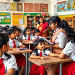 A lively classroom scene where a school girl with long black hair is animatedly telling a story to her classmates