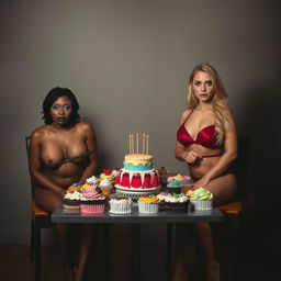 Inside a dimly lit room, two young women are tied to separate chairs against the back wall
