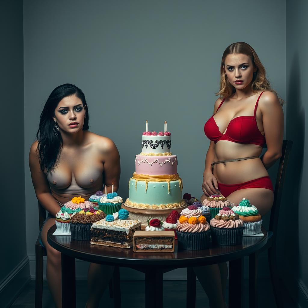 Inside a dimly lit room, two young women are tied to separate chairs against the back wall