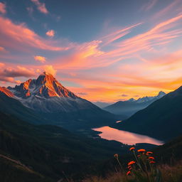 A stunning high-definition landscape featuring a majestic mountain range at sunrise, with vibrant orange and pink hues lighting up the sky
