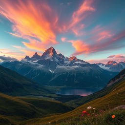 A stunning high-definition landscape featuring a majestic mountain range at sunrise, with vibrant orange and pink hues lighting up the sky