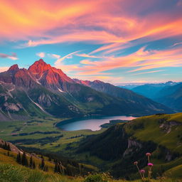 A stunning high-definition landscape featuring a majestic mountain range at sunrise, with vibrant orange and pink hues lighting up the sky