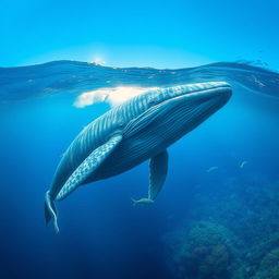 A majestic big blue whale gracefully swimming in the deep blue ocean, surrounded by shimmering sunlight filtering through the water surface