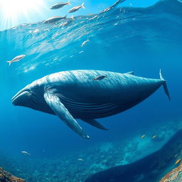 A majestic big blue whale gracefully swimming in the deep blue ocean, surrounded by shimmering sunlight filtering through the water surface