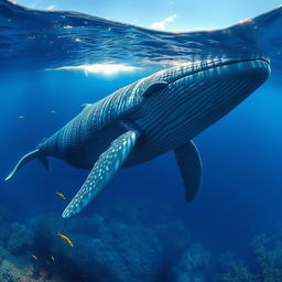 A majestic big blue whale gracefully swimming in the deep blue ocean, surrounded by shimmering sunlight filtering through the water surface