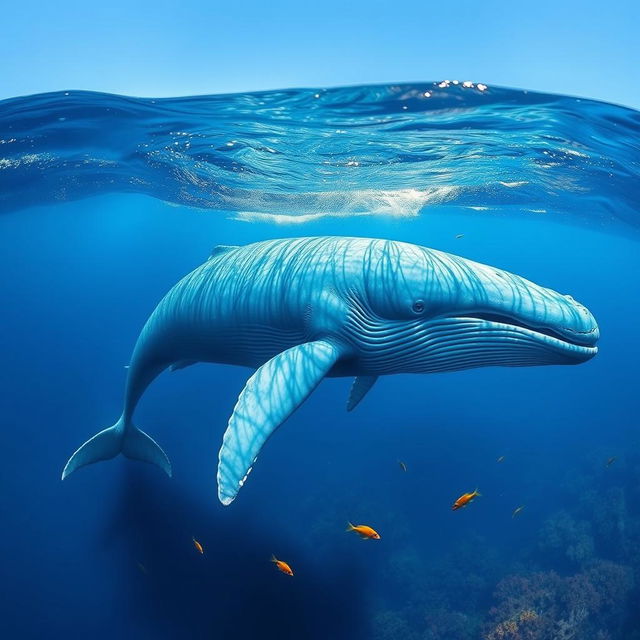 A majestic big blue whale gracefully swimming in the deep blue ocean, surrounded by shimmering sunlight filtering through the water surface