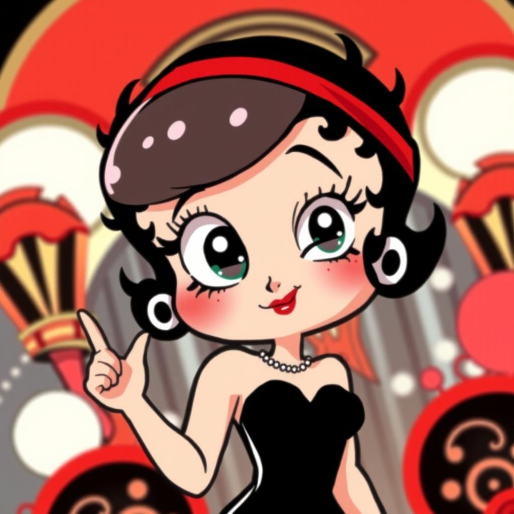 A vibrant and playful illustration of a character resembling the classic Betty Boop style, featuring large expressive eyes, a short bob hairstyle, and a flapper dress