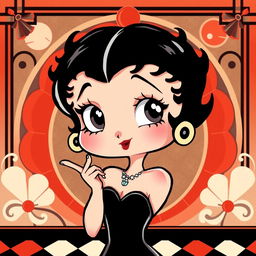 A vibrant and playful illustration of a character resembling the classic Betty Boop style, featuring large expressive eyes, a short bob hairstyle, and a flapper dress