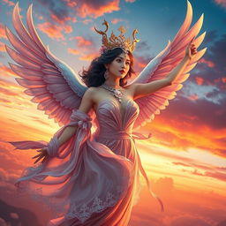 A mystical fantasy book cover featuring a beautiful Asian harpy girl with stunning wings soaring into the sky