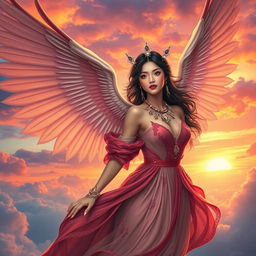 A mystical fantasy book cover featuring a beautiful Asian harpy girl with stunning wings soaring into the sky