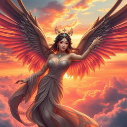 A mystical fantasy book cover featuring a beautiful Asian harpy girl with stunning wings soaring into the sky