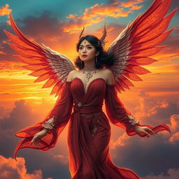 A mystical fantasy book cover featuring a beautiful Asian harpy girl with stunning wings soaring into the sky