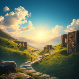 A serene and mystical landscape depicting Lalish, a sacred site in the Kurdish region of Iraq