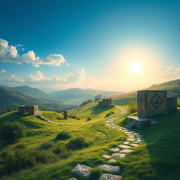 A serene and mystical landscape depicting Lalish, a sacred site in the Kurdish region of Iraq