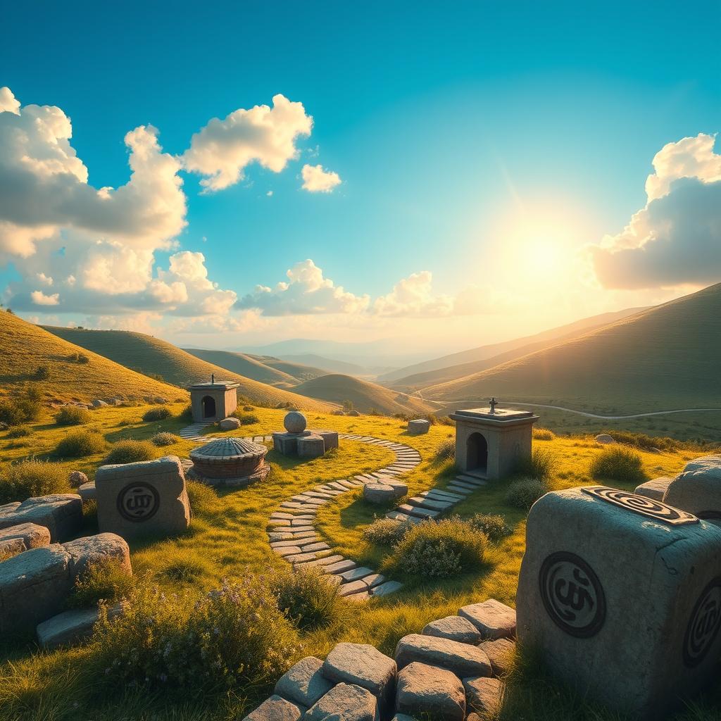 A serene and mystical landscape depicting Lalish, a sacred site in the Kurdish region of Iraq