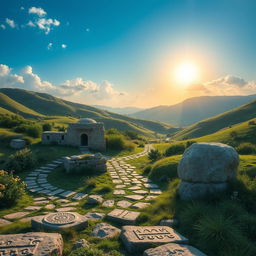 A serene and mystical landscape depicting Lalish, a sacred site in the Kurdish region of Iraq