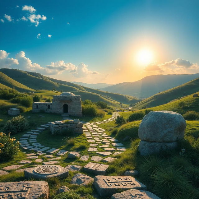 A serene and mystical landscape depicting Lalish, a sacred site in the Kurdish region of Iraq