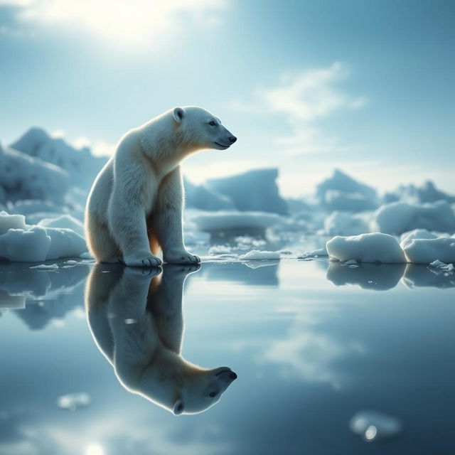 A stunning scene depicting a single polar bear surrounded by a serene Arctic landscape, emphasizing the beauty of love and solitude