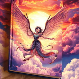 A captivating book cover featuring a beautiful Asian girl with elegant harpy wings soaring into the sky