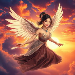 A captivating book cover featuring a beautiful Asian girl with elegant harpy wings soaring into the sky