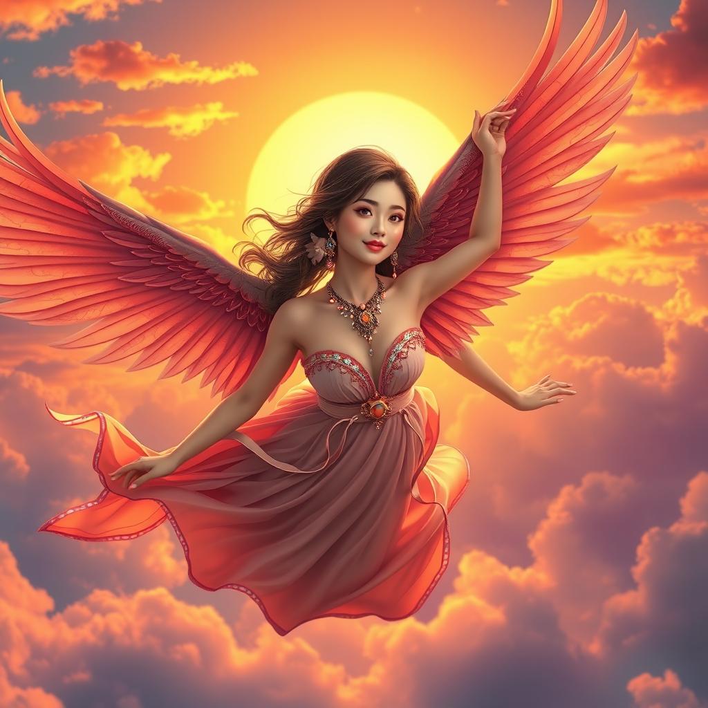 A captivating book cover featuring a beautiful Asian girl with elegant harpy wings soaring into the sky