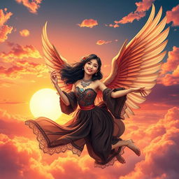 A captivating book cover featuring a beautiful Asian girl with elegant harpy wings soaring into the sky