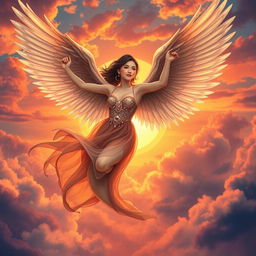 A mesmerizing book cover featuring a beautiful Asian girl with elegant harpy wings soaring majestically into the sky