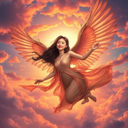 A mesmerizing book cover featuring a beautiful Asian girl with elegant harpy wings soaring majestically into the sky