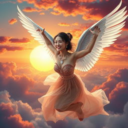 A mesmerizing book cover featuring a beautiful Asian girl with elegant harpy wings soaring majestically into the sky